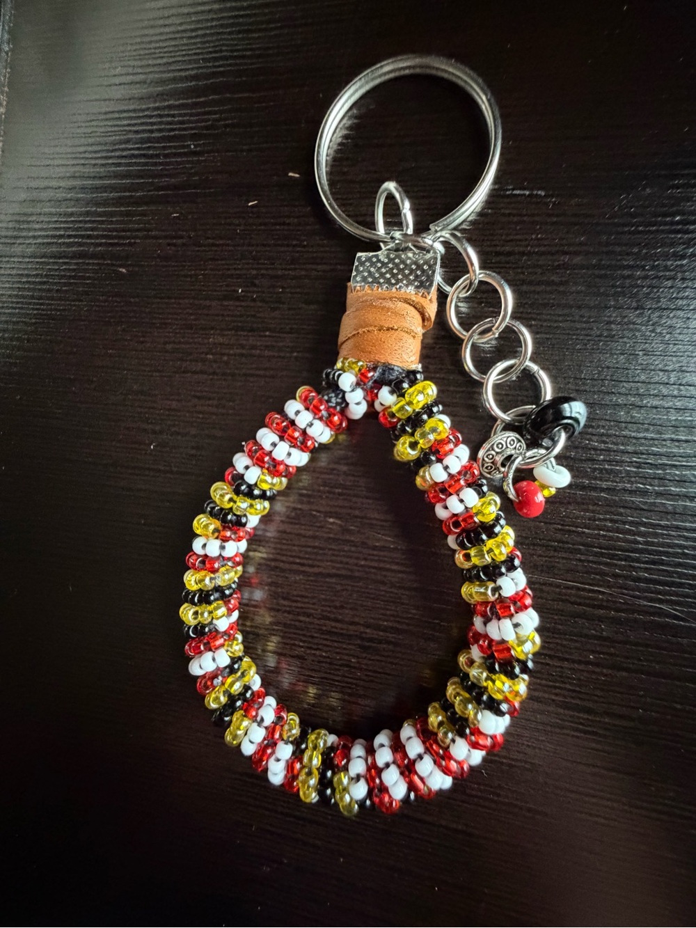Beaded Loop Keychain with Red, White, Yellow & Black Accents
